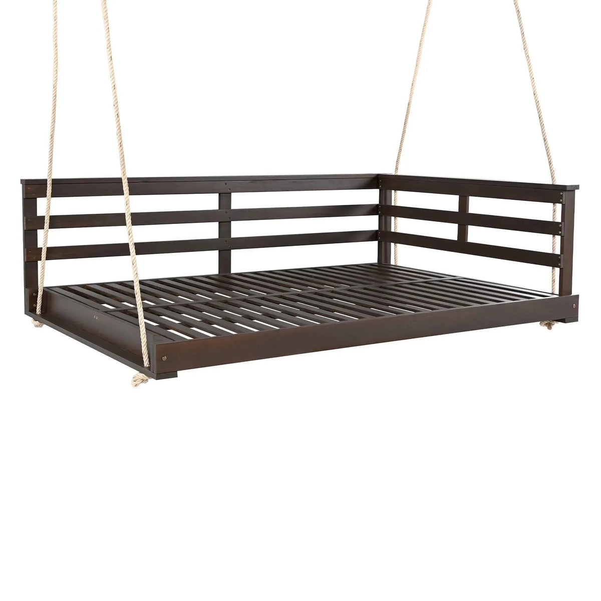 Acacia Wood Full-Size Outdoor Swing Bed with Hemp Ropes