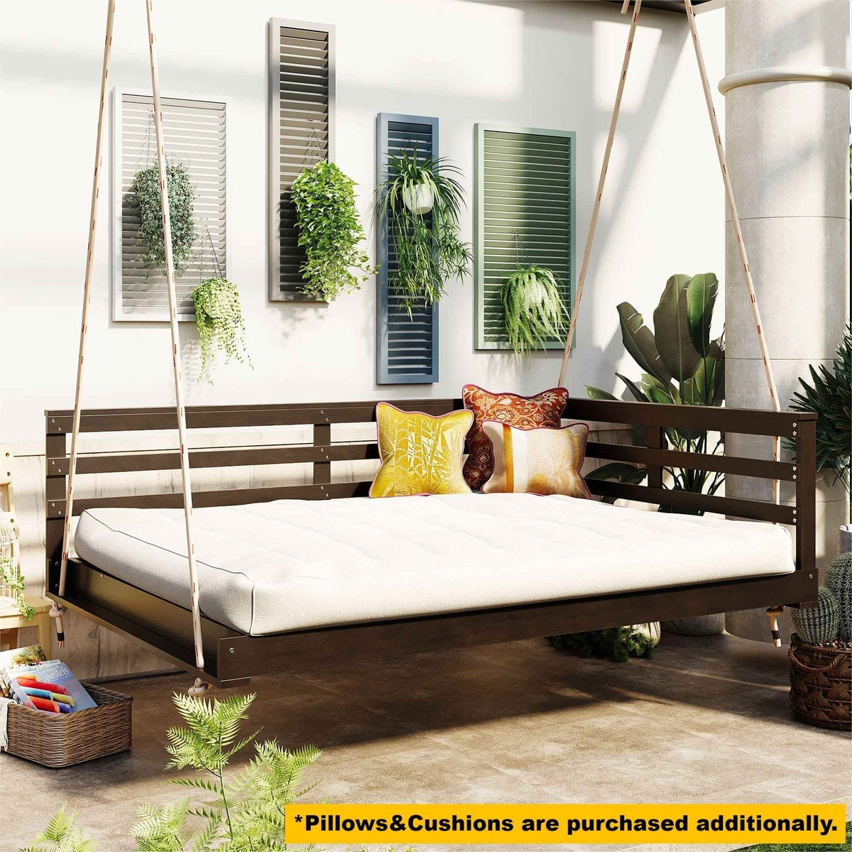 Acacia Wood Full-Size Outdoor Swing Bed with Hemp Ropes