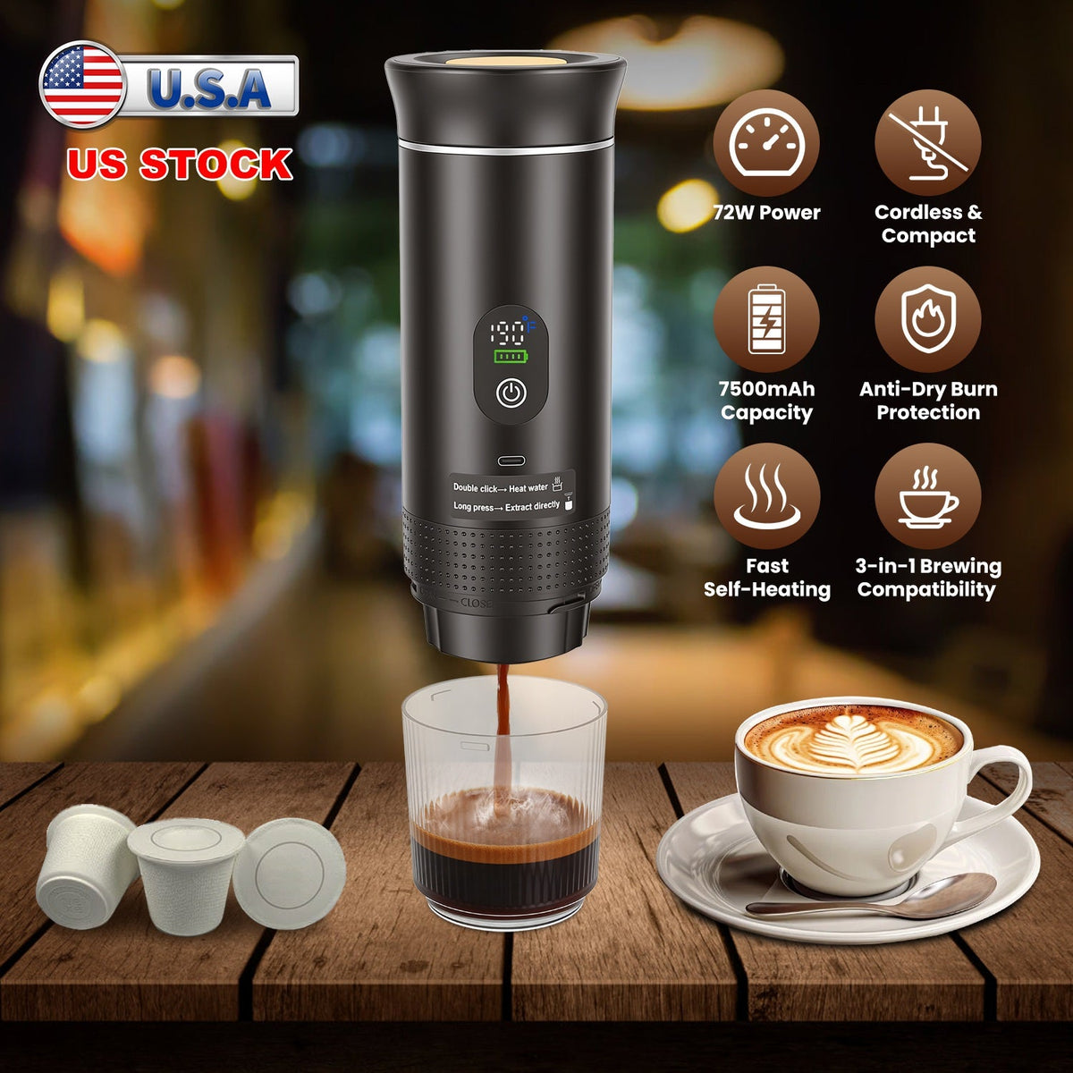 20 Bar Cordless Self-Heating Portable Battery-Powered Espresso Maker