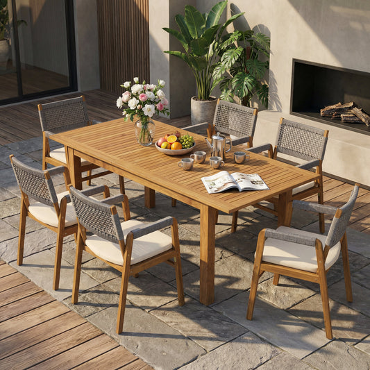 7-Piece Expandable Acacia Wood & Rope Outdoor Dining Set – Seats 6