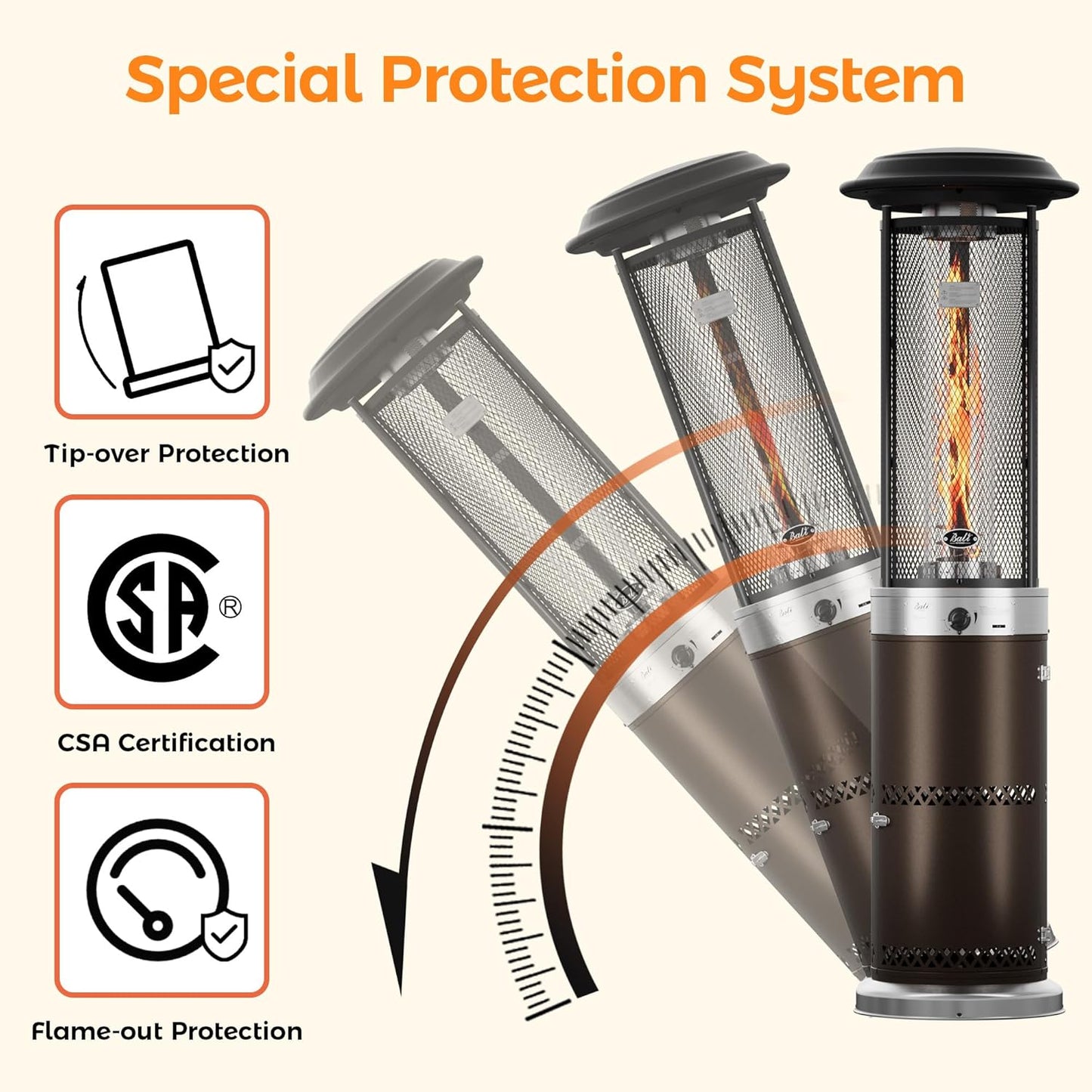 Propane Patio Heater, Stainless Steel Standing, 36,000 Btus Portable Commercial Outdoor Gas Patio Heater with Glass Tube for Deck, Garden and Porch, Brown