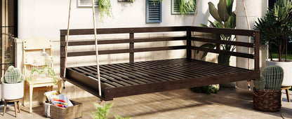Acacia Wood Full-Size Outdoor Swing Bed with Hemp Ropes