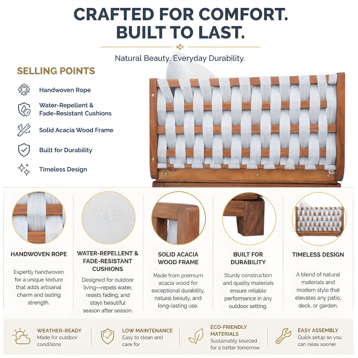 4-Piece Acacia Wood & Rope Outdoor Conversation Set with Coffee Table