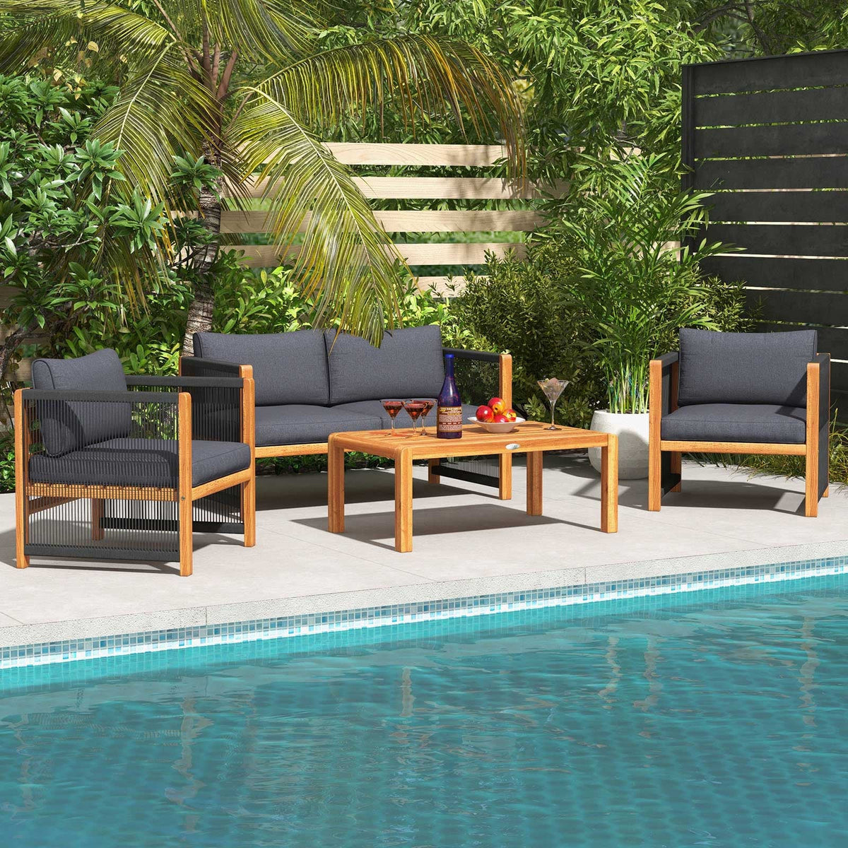 4-Piece Acacia Wood & Rope Outdoor Patio Conversation Set with Cushions