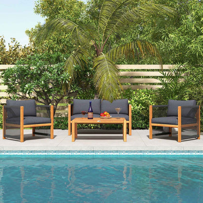 4-Piece Acacia Wood & Rope Outdoor Patio Conversation Set with Cushions